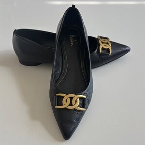 Boden Black Pointed-Toe Leather Flats with Gold Accent. Size 39